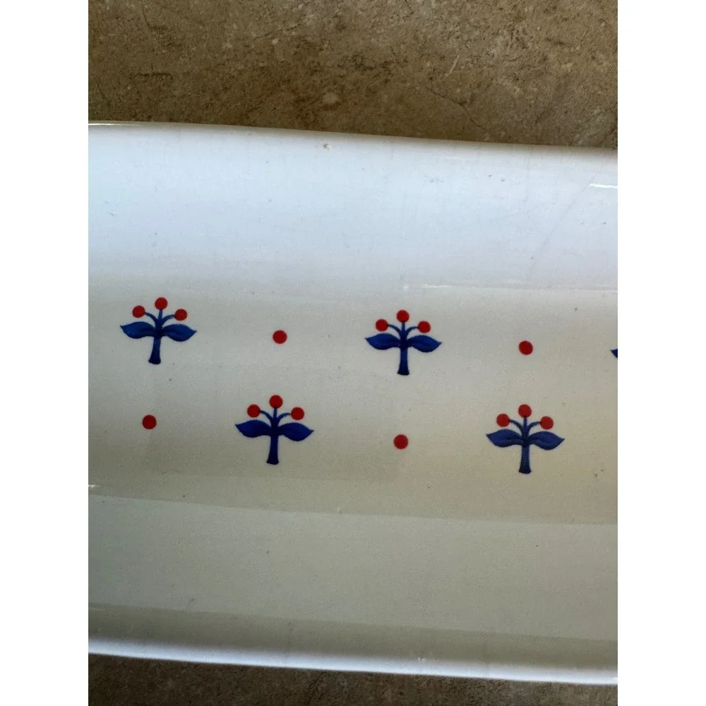 Vintage Ceramic Corn on the Cob Dishes Set of‎ 2 Blue Tree Red Berry Folk Art